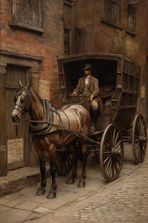 Victorian Art Painting, Carriage Painting, Old Man Pictures, Era Victoria, Victorian Village, Victorian Paintings, Small Town Life, Horse Posters, Horse And Carriage