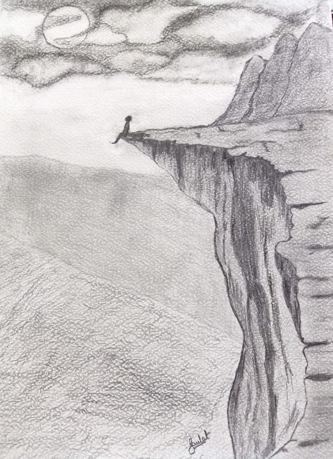 Landscape Art Drawing Pencil, Surreal Landscape Drawing, Nature Easy Sketch, Sitting On A Cliff Drawing, Cliff Drawing Easy, Mountain Cliff Drawing, Drawing Inspo Landscape, Cliff Edge Drawing, Calming Sketches