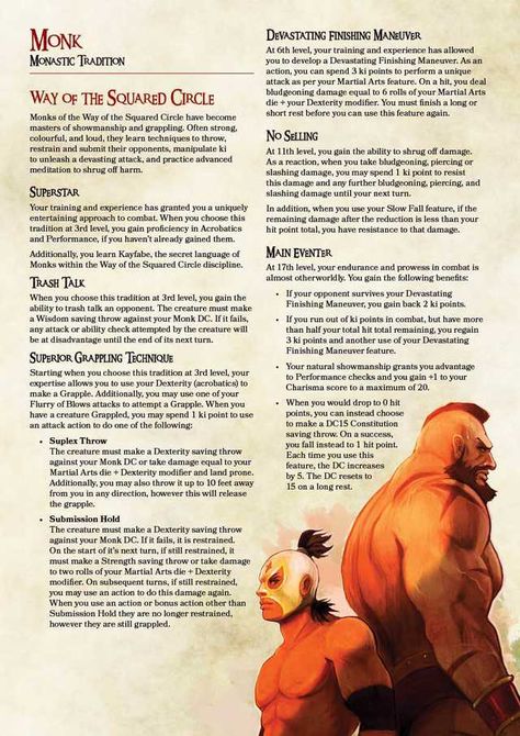 Monk Tradition - Way of the Squared Circle. First Attempt at homebrew! - Imgur Dnd 5e Monk, Monk Dnd, Ranger Dnd, Dungeons And Dragons Rules, D D Classes, Dnd Classes, Dnd Races, Dungeons And Dragons Classes, D D Monsters