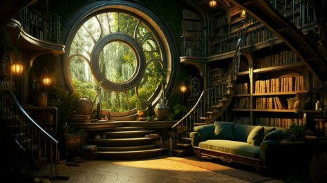 a library with a round window and a bookcase Cottage Library, Fantasy Library, Round Window, Home Library, Tree House, Astronomy, Bookstore, Bookcase, Dream House