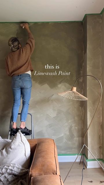 Wendy on Instagram: "This is Limewash paint! Will you try this in your home? I bought mine from Bauwerk. The colour is Broadbean. I’ve been toying with the idea of painting lime wash in our bathroom or bedroom but I’m still undecided. #limewash #livingroom #cozyroom hygge home, cozy living, home decor, lime wash paint" Lime Wash Green Bedroom, Like Wash Bathroom, Lime Wash Paint Colors, Green Limewash Bathroom, Lime Wash Ceiling, Green Lime Wash Wall, Lime Wash Nursery, Green Limewash Bedroom, Lime Wash Colors