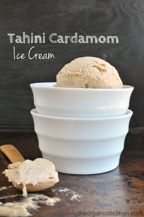 No Churn Tahini Cardamom Ice Cream - The Organic Dietitian Cardamom Ice Cream, Best Ice Cream Flavors, Paleo Ice Cream, Pitted Dates, Name Shirts, No Churn Ice Cream, Raw Desserts, Cream Base, Best Ice Cream