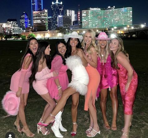 Bachlorette Party Outfit Brunch, Bride In Pink Bachelorette, Bachelorette Outfits Group Pink, Bach Party Matching Outfits, Bachelorette Barbie Outfit, Bachelorette Party Outfits Group Pink, All Pink Outfit Bachelorette Party, Hens Pink Theme, Pink Night Bachelorette Party