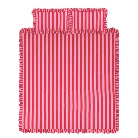 Pink & Red Stripe Frilled Duvet Cover Set