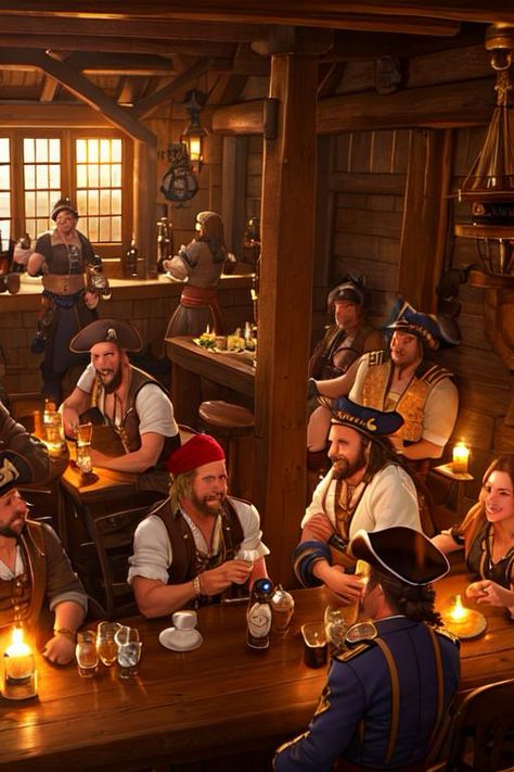 pirate crew sits in an old tavern, drinking beer, laughing and singing exuberantly. The captain sits on the bar and raises his glass. https://apps.apple.com/us/app/genzart-ai-art-generator/id1669915100 Pirate Crew Art, Pirate Tavern, Tresure Island, Pirate Drinks, Pirate Bar, Pirate Images, Old Tavern, Pirate Crew, Pirate Island