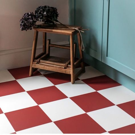 Harvey Maria Flooring, Checkered Floor Kitchen, Retro Vinyl Flooring, Heritage Colours, Checkerboard Floor, Red Floor, White Tile Floor, Red Tiles, Lvt Flooring