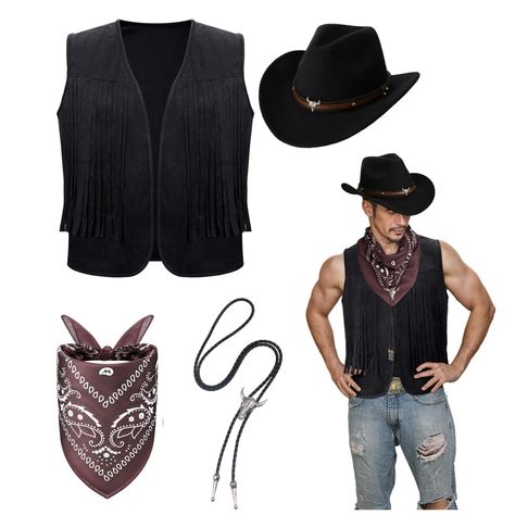 PRICES MAY VARY. Western Cowboy Costume Set:：unleash your inner cowboy with this inclusive set featuring 1 long tassel vest, 1 western cowboy hat, and 1 paisley bandana and 1 western vintage bolo necktie; This meticulously crafted set create an authentic cowboy look, ideal for role plays, themed parties or casual day out Quality Material: meticulously constructed using quality materials like the western cowboy fringe vest is made from soft faux suede, promising longevity and comfort; The cowboy Cowboy Halloween Costume Man, Bandit Costume Western, Hot Cowboy Costume, Cowboy Vest Outfit Men, Cow Boy Outfit For Men, Mens Cowboy Costume, Cowboy Clothes For Men, Cowboy Costume For Men, Cowboy Men Outfit