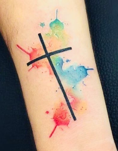 Watercolor Cross Tattoo, Corazon Tattoo, Wrist Tattoos Girls, Glyph Tattoo, Rainbow Tattoos, Cross Tattoos For Women, Literary Tattoos, Cross Tattoos, Triangle Tattoos