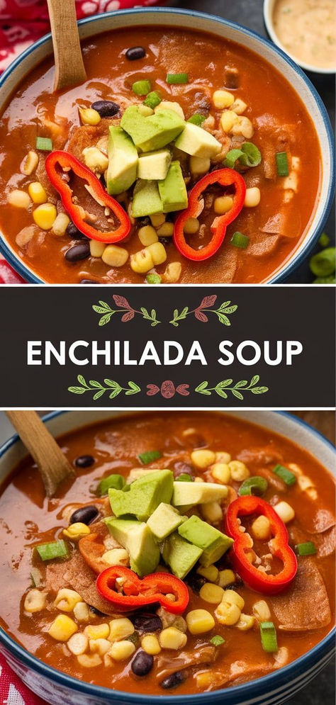 Cozy up with this delicious Enchilada Soup! A hearty blend of chicken, beans, and corn in a flavorful enchilada sauce-based soup. Perfect for chilly nights and topped with your favorite fixings. Enchilada Soup Recipe, Chicken Beans, Beans And Corn, Mexican Spices, Enchilada Soup, Authentic Mexican, Enchilada Sauce, Chicken Tenders, Family Favorites