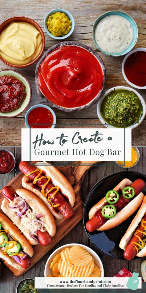 Are you tired of the standard ketchup and mustard on plain hot dogs? Learn how to create the ultimate gourmet hot dog bar with this huge guide! It includes ideas on creating delicious gourmet hot dog combos and tons of other suggestions for including variety through different styles of hot dogs, buns, toppings, and condiments. It’s a kid-friendly summer bbq buffet, great for birthday parties, and adults can have fun creating their favorite delicious combos too! Gourmet Hotdogs Bar, American Hotdogs Ideas, Hot Dog Combinations, Gourmet Hot Dog Bar Party Ideas, Hotdog Bar Ideas Party, Fancy Hot Dog Bar, Summer Party Food Platters, Hot Dog Bar Set Up, Hot Dog Roast Party