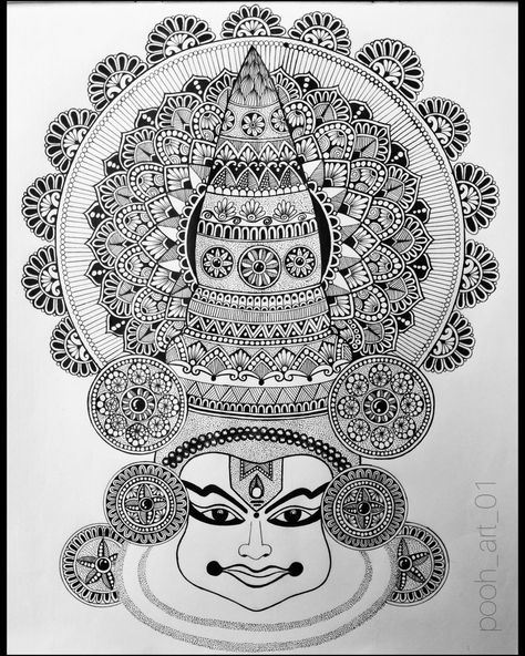 Mandala Art Kathakali, Kathakali Doodle Art, Kathakali Mandala Art, Mandala Art For Competition, Kathakali Face Drawing Outline, Kathakali Drawing, Theyyam Art, Art Asthetics, Kathakali Painting