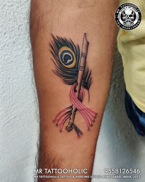 Morpankh With Basuri, Morpankh With Basuri Tattoo, Lord Krishna Flute Tattoo, Morpankh Tattoo Small, Krishna Peacock Feather Tattoo, Krishna Basuri Tattoo, Sri Krishna Tattoo Designs, Basuri Flute Tattoo, Basuri Krishna Flute Tattoo