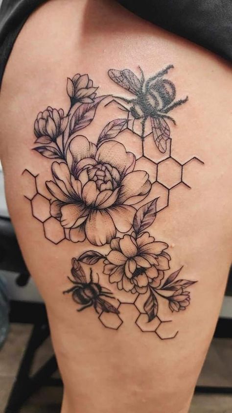 Flower Honeycomb Tattoo, Honeycomb With Flowers Tattoo, Sunflower And Honeycomb Tattoo, Honey Bee And Flower Tattoo, Geometric Honeycomb Tattoo Design, Honeycomb Tattoo Stencil, Geometric Honeycomb Tattoo, Underarm Tattoo Women, Honeycomb Tattoo Design