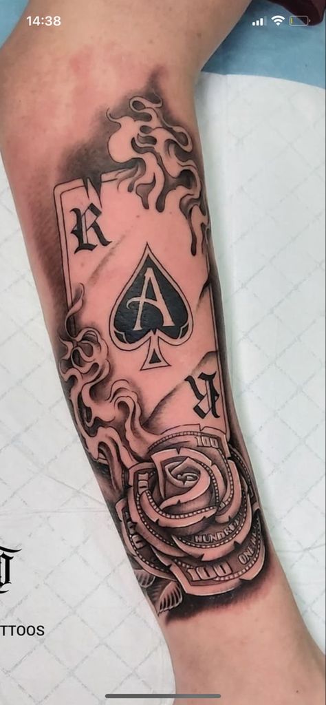 Skull And Cards Tattoo Design, Card On Fire Tattoo, Three Dice Tattoo, Aces Tattoo Design, Cards Tattoo For Men, Wild Card Tattoo, King Card Tattoo, Playing Cards Tattoo Design, Card Tattoos For Men