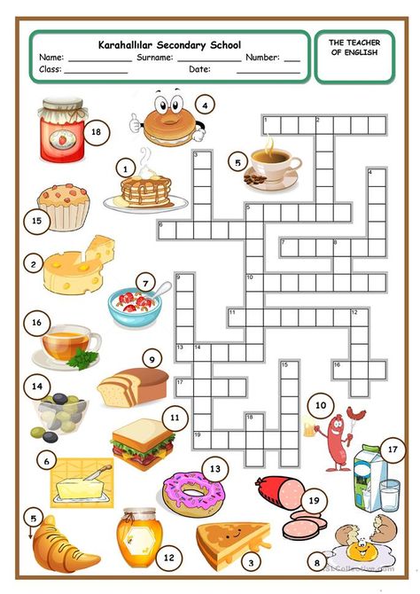 Food Crossword, Kids Crossword Puzzles, Puzzle Food, English Teaching Resources, Activity Sheets For Kids, English Worksheets For Kids, Crossword Puzzles, English Activities, English Breakfast