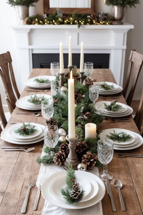 Bring cozy farmhouse charm to your Christmas table! From mason jar centerpieces to burlap runners, these rustic ideas combine comfort with style. Learn how to mix vintage elements with natural materials for that perfect country Christmas feel. #FarmhouseChristmas #RusticDecor #CountryChristmas Christmas Dinner Table Settings Rustic, Cottage Christmas Table, Farmhouse Christmas Table, Rustic Christmas Table, Christmas Dinner Table Settings, Dinner Table Settings, Christmas Party Table, Rustic Farmhouse Christmas, Burlap Runners