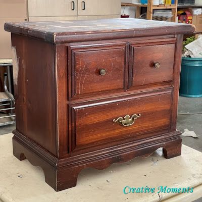 Rooms With Painted Furniture, How To Refinish Nightstand, Redo Nightstand Diy Ideas, 80s Nightstand Makeover, Refinish Nightstand Diy, 80s Furniture Bedroom, Refurbish Nightstand Ideas, Repurpose Nightstand Ideas, Refinishing Nightstand Ideas