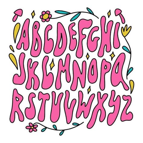 Trippy Lettering Fonts, Trippy Alphabet Letters, Aesthetic Bubble Letters, Funky Lettering Alphabet, Trippy Fonts Alphabet, Playful Fonts Alphabet, Groovy Lettering Alphabet, Hippie Font Alphabet, Retro Lettering Alphabet