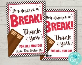 You Deserve a Break Teacher Gift Tags Staff Appreciation Gift Tag End of Year Gift for Teacher - Etsy You Deserve A Break Free Printable, You Deserve A Break Kit Kat Printable, Small Employee Appreciation Gifts, Teacher Appreciation Gifts Candy, Teacher Appreciation Snacks, Work Gifts Employee Appreciation, Employee Appreciation Ideas, Candy Tags, Volunteer Appreciation Gifts