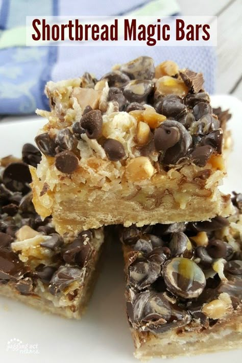 Shortbread Crust Bars, 7 Layer Bars With Shortbread Crust, Score Bars Recipe, Magic Bar Cookies Recipes, Recipes With Shortbread Crust, Desserts With Shortbread Crust, Magic Cookie Bars No Coconut, Shortbread Bar Cookies, Shortbread Crust Desserts