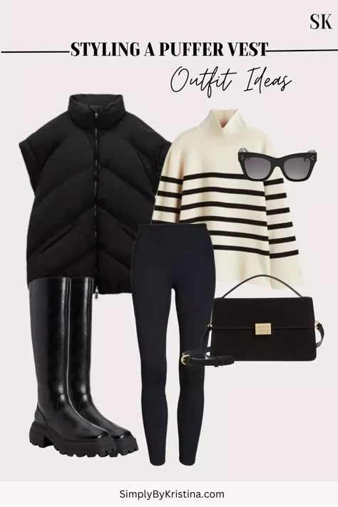 5 Ways To Style An Oversized Puffer Vest - SimplyByKristina Oversize Puffer Vest, Winter Outfits For Work Women, Sweater Outfit Inspiration, Rainy Day Outfit Women Casual, Women Vest Outfits Winter, Breton Sweater Outfit, Leggings 2023 Street Style, Styling Leggings Winter, Down Vest Outfit Womens