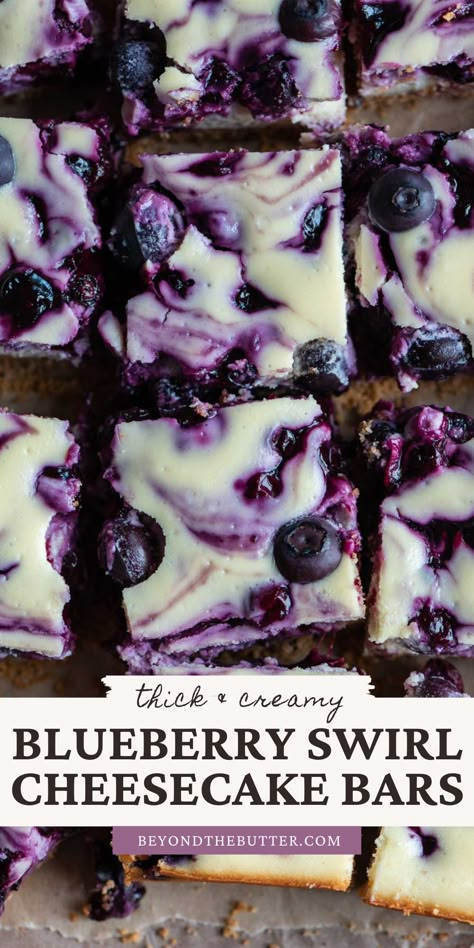 These Blueberry Swirl Cheesecake Bars are exceptionally thick and creamy with a homemade blueberry sauce and a buttery graham cracker crust! Enjoy them as a summer treat or any time of the year! Find the full recipe on BeyondtheButter.com. #cheesecakebars #blueberries Blueberry Swirl Cheesecake, Blueberry Desserts Recipes, Blueberry Cheesecake Bars, Blueberry Cheesecake Recipe, Swirl Cheesecake, Blueberry Sauce, Blueberry Desserts, Dessert Bar Recipe, Blueberry Recipes