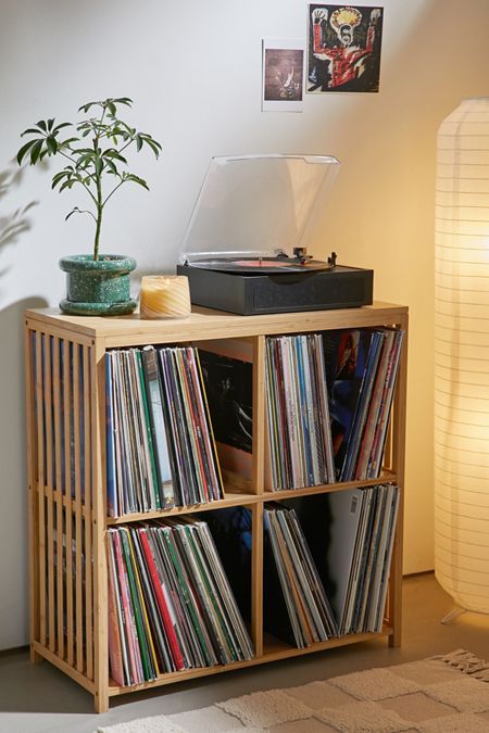 record display Dorm Room Snacks, Vinyl Record Storage Shelf, Large Bookshelves, Cube Storage Shelves, Bamboo Construction, Uo Home, Furniture Storage Cabinets, Vinyl Record Storage, Storage Stool