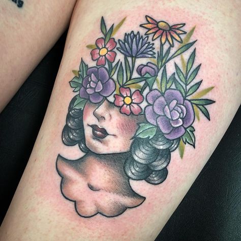 Floral lady head tattoo Traditional Flower Lady Tattoo, Lady Like Tattoo, Traditional Tattoo Girl Head, Floral Head Tattoo, Traditional Lady Tattoo, Traditional Tattoo Face, Tattoo Ideas Floral, Flower Head Tattoo, Head Tattoo Ideas