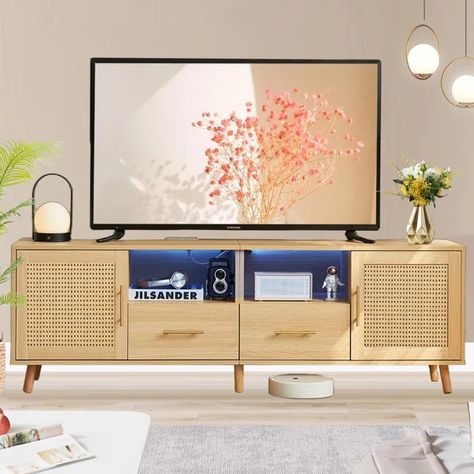 Heyer Large TV Stand for TVs up to 70" with LED Light and Charging Station, Media Console with Rattan Door Ideas Para Sala, Plant Furniture, Large Tv Stand, Rattan Door, Wood Media Console, Large Tv Stands, Mid Century Modern Tv Stand, Tv Unit Furniture Design, Led Tv Stand