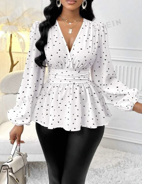 Shein Finds, Belt Blouse, Lantern Sleeved Blouses, Velvet Blouses, Polka Dot Shirt, Inspiration Mode, Lantern Sleeves, Heart Print, V Neck Tops