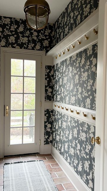 Entryway With Wallpaper, Mudroom Wallpaper, Beadboard And Wallpaper, Grey And Cream Wallpaper, Paste Wallpaper, Install Wallpaper, Vintage Inspired Bedroom, Mudroom Remodel, Mudroom Makeover