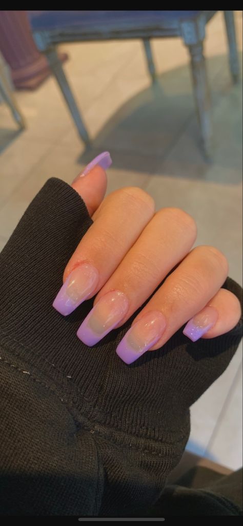 French Nails Acrylic Color, French Tip Acrylic Nails Coffin Color, Colored Acrylic Tips, Nail Ideas For French Tips, Lilac French Tip Nails Square, Colored French Tip Nails Acrylics Square, Purple Prom Dress Nails, Purple Sparkly French Tip Nails, Lavender French Tip Nails Square