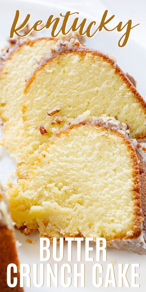 A perfect buttery pound cake with the most delicate crumb is topped with a pecan butter glaze. It's a SHOWSTOPPER!! #poundcake #cake #baking #kentuckybuttercrunchcake #kentuckybuttercake #buttercake #iambaker #kentuckycake #buttercrunchcake #dessert #bestdesserts #bestcake Pound Cake Display Ideas, Desserts With Butter, Jazzy Vegetarian Recipes Desserts, Saved Cake Recipes, Softasilk Cake Recipes, Butter Bundt Cake Recipes, Pound Cake Topping Ideas, Parade Food Snacks, Butter Loaf Pound Cake