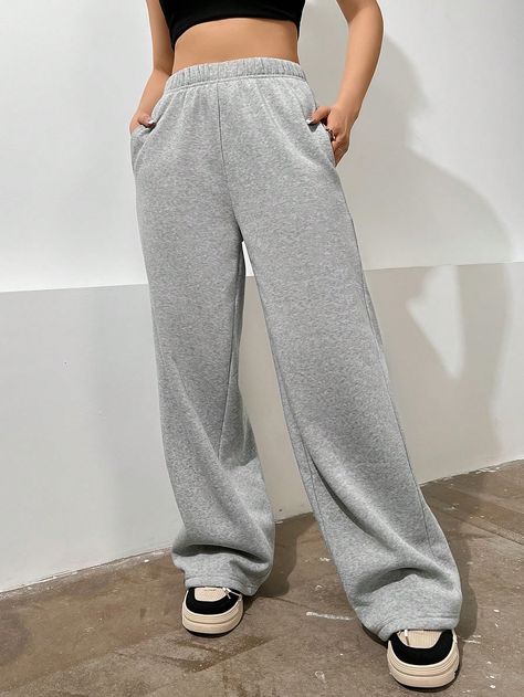 SHEIN EZwear Solid Slant Pocket Wide Leg SweatpantsI discovered amazing products on SHEIN.com, come check them out! Grey Wide Leg Sweatpants, Warm Pants, Wide Leg Sweatpants, Womens Sweatpants, Grey Fabric, High Waisted Pants, Autumn And Winter, New Woman, Jogging