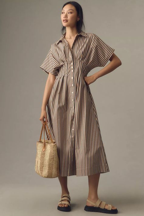 The Tobie Button-Front Pleated Shirt Dress by Exquise | Anthropologie Pleated Shirt Dress, Shirt Dress Outfit, Pleated Shirt, Midi Shirt Dress, Petite Outfits, Anthropologie Dress, Cozy Knits, Pleated Dress, Striped Dress