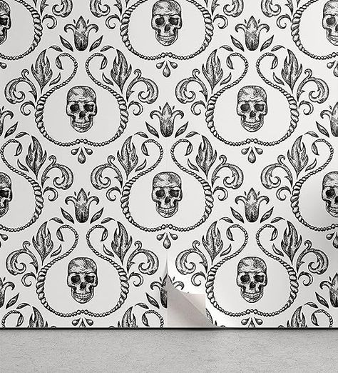 #ad Lunarable Skull Peel & Stick Wallpaper for Home, Vintage Ornamental Skeleton Part Baroque Illustration Floral Arrangement, Self-Adhesive Living Room Kitchen Accent, 13" x 36", Dark Charcoal Black Goth Home Floral Skull Wallpaper, Baroque Illustration, Remodeling Camper, Wall Stamp, Skeleton Parts, Simple Skull, Wallpaper For Home, Wallpaper Furniture, Goth Home