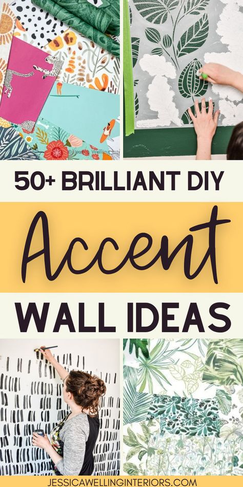 Get inspired with these affordable DIY accent wall ideas, from paint, to wallpaper, to wood planks and hand-painted murals. Gold Painted Accent Wall, Dash Wall Paint, Wall Pops Peel And Stick, Diy Accent Wall Mural, Diy Painted Floral Wall, Wall Coverage Ideas, Easy Painted Wallpaper, Diy Accent Wall Ideas Painted, Diy Faux Wallpaper Accent Wall