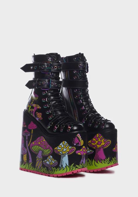 Current Mood Mushroom Print Double Stacked Platform Boots - Black/Multi – Dolls Kill 90s Platform Shoes, Goth Shoes, Lace Up Leggings, Mushroom Print, Sheath Dresses, Alencon Lace, Black Platform Boots, Boot Print, Swag Shoes