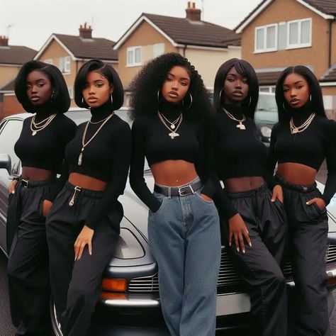 90s girl group 90s Girl Fashion Outfits Black, Friend Group Photoshoot, 90s Girl Groups, 90s Girl Fashion, Black Femininity Aesthetic, 90s Party Outfit, Femininity Aesthetic, Group Outfits, Black Arts