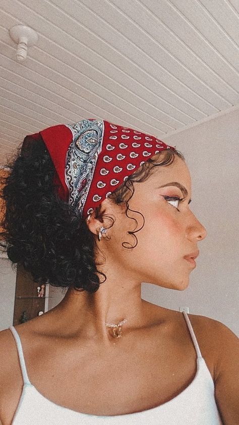 Short Curly Hair With Bandana, Short Curly Hair Bandana, Hairstyles For Super Short Curly Hair, Hat Curly Hairstyles, Hankerchief Hairstyles Curly Hair, Curly Hairstyles With Bandanas, Short Hair Bandana Ideas, Short Hair Bandana, Bandana Curly Hair