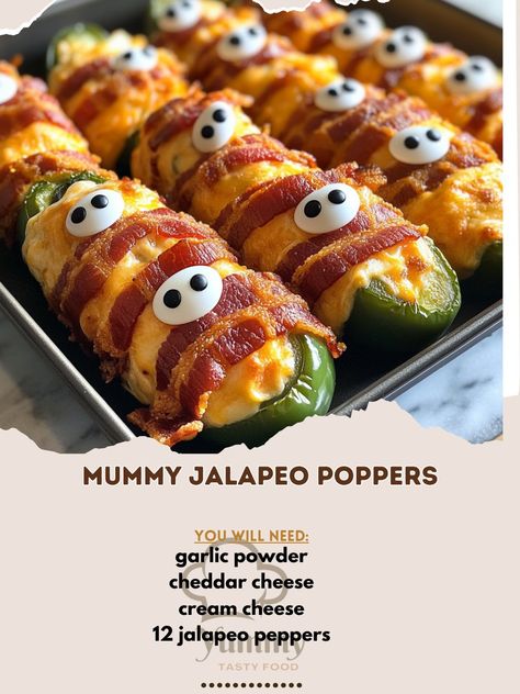 🔥 Spice up your snack game with these Mummy Jalapeño Poppers! 🌶️ Perfect for Halloween or any gathering. #SpicySnack #EasyRecipe Mummy Jalapeño Poppers Ingredients: - 12 jalapeño peppers - 8 oz cream cheese (softened) - 1 cup shredded cheddar cheese - 1 tsp garlic powder - 1/2 tsp onion powder - 12 slices of bacon - 24 candy eyes Instructions: 1. Preheat oven to 400°F. 2. Cut jalapeños in half lengthwise, remove seeds. 3. In a bowl, mix cream cheese, cheddar, garlic powder, and onion powde... Mummy Jalapeño Popper, Smoked Cream Cheese, Jalapeño Peppers, Cozy Fall Recipes, Candy Eyes, Cheese Cheddar, Jalapeño Poppers, Shredded Cheddar Cheese, Game Snacks