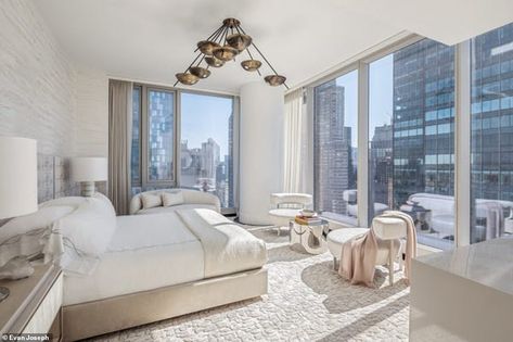 The master bedroom includes floor-to-celing windows that offer a view of downtown Manhatta... Luxury Condo Bedroom, Floor To Ceiling Windows Apartment, Luxury Apartment Bedroom, Tower Bedroom, Central Park Tower, Minimalist Apartment Interior, New York Bedroom, Luxury Apartments Interior, Design Ložnic