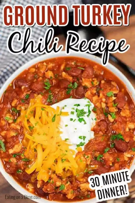 Ground turkey chili is a healthy, easy and frugal dinner idea. This ground turkey chili recipe easy stovetop recipe is the best! The best healthy quick ground turkey chili tastes great and is easy to make too! Everyone will love this simple healthy ground turkey chili recipe easy to make in one pot! #eatingonadime #chilirecipes #turkeyrecipes #onepotrecipes #dinnerrecipes Chili Recipe With Ground Turkey, Chili Recipe Ground Turkey, Easy Chili Recipe Stovetop, Colesterol Diet, Recipe Ground Turkey, Ground Turkey Chili Recipe, Gathering Recipes, Quick Chili Recipe, Turkey Chili Recipe Easy