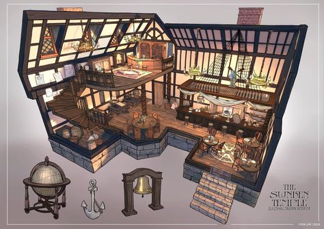 Guildhall Tavern - Interior, Fion Lim on ArtStation at https://www.artstation.com/artwork/Bmg44r Minecraft Tavern Exterior, Tavern Exterior, Drawing Room Concept, Fantasy Tavern, Bohemian Style Inspiration, Interior Concept Art, Room Concept, Fantasy Shop, Fantasy Rooms