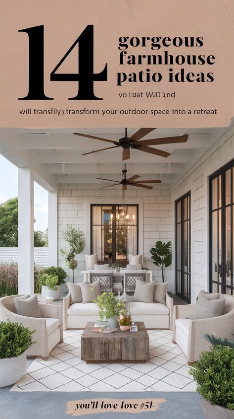 14 Gorgeous Farmhouse Patio Ideas That Will Transform Your Outdoor Space into a Retreat! Large Porch Furniture Layout, Modern Farmhouse Patio Ideas, California Room Patio Ideas, Farmhouse Patio Ideas, Pergola Drapes, Comfortable Outdoor Chairs, Modern Farmhouse Fireplace, Creative Landscaping, California Room