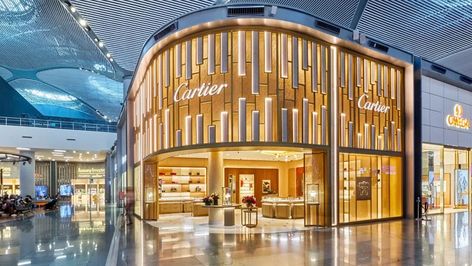 Why Istanbul Airport Makes Sense For Cartier’s Biggest Travel Retail Boutique Opening Cartier Boutique, Cartier Store, Airport Shopping, Retail Facade, Istanbul Airport, Shop Facade, Travel Retail, Jewelry Product Shots, Modern Store