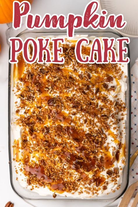 Pumpkin Poke Cake – The easiest fall cake recipe! Made with yellow boxed cake mix and pumpkin puree that is prepared and then holes are poked into it that are filled with sweetened condensed milk and all of your favorite toppings. This cake is easy to make and each bite tastes like fall! Pumpkin Cake Recipes | Poke Cake Recipes | Pumpkin Desserts | Fall Baking | Thanksgiving Desserts #pumpkin #cake #thanksgiving #fall Cake Recipes Pumpkin, Cake Mix And Pumpkin Puree, Yellow Cake Mix Desserts, Fall Pumpkin Cake, Thanksgiving Desserts Pumpkin, Pumpkin Cake Mix, Pumpkin Poke Cake, Yellow Cake Mix Recipes, Pumpkin Dump Cake Recipe