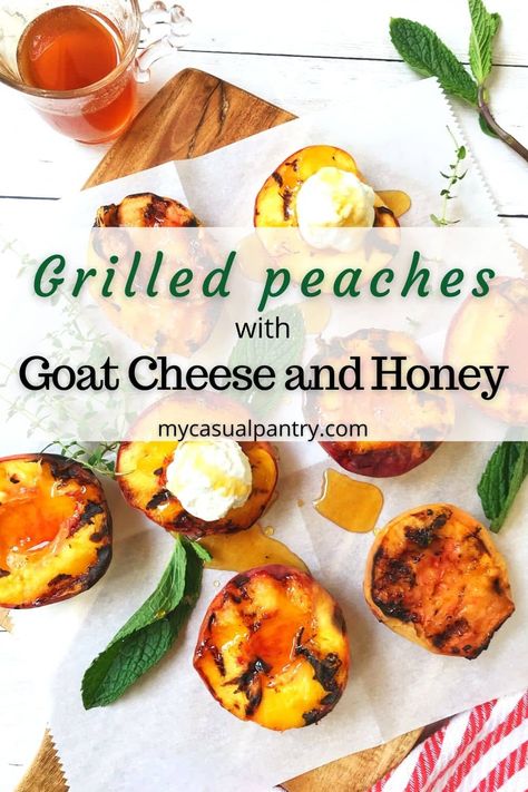 If you love perfectly ripe summer peaches, you will love these sweet Grilled Peaches with Goat Cheese and Honey. Grilling enhances the natural sweetness and the tangy goat cheese provides a delicious balance. Peach Appetizer, Feta Honey, Grilling Cheese, Appetizer Fruit, Grilled Peaches Recipe, Goat Cheese And Honey, Cheese And Honey, Thyme Honey, Grilled Desserts