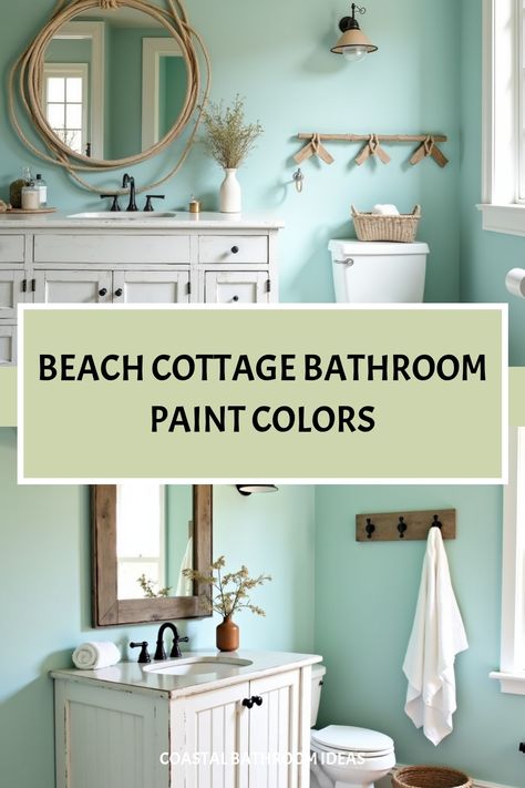 Beach cottage bathroom featuring aqua paint and nautical details Subtle Beach Theme Bathroom, Beachy Bathroom Paint Colors, Beach Bathroom Paint Colors, Spa Bathroom Paint Colors, Aqua Bathroom Ideas, Relaxing Bathroom Colors, Calming Bathroom Colors, Beach Cottage Bathroom, Bathroom Wall Colors