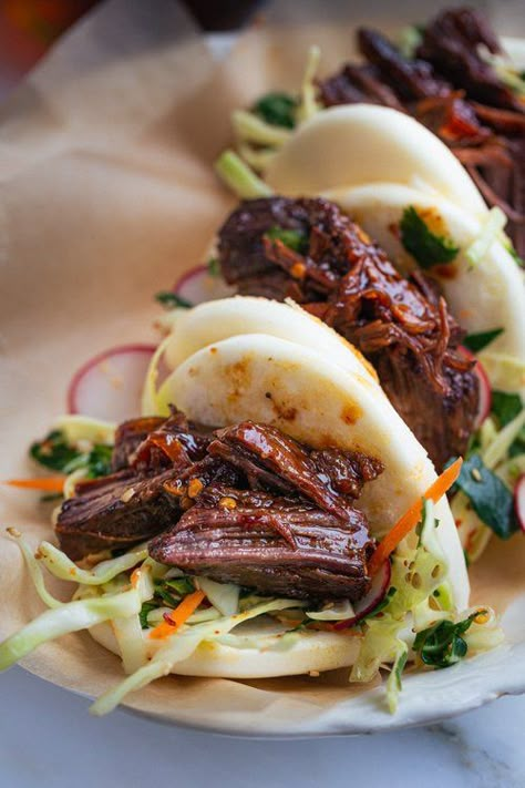 Sticky, Spicy Soy & Ginger Boneless Short Rib Bao Buns - Rustic Joyful Food Short Rib Sandwich, Party Planning Food, Steam Buns, Boneless Short Ribs, Fancy Grilled Cheese, Boneless Ribs, Sushi Roll Recipes, Asian Grocery Store, Rustic Recipes